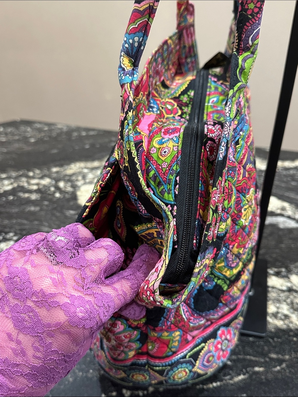 Vera Bradley Black Multicolor Floral Quilted Tote with Matching Wallet - Picture 7 of 14